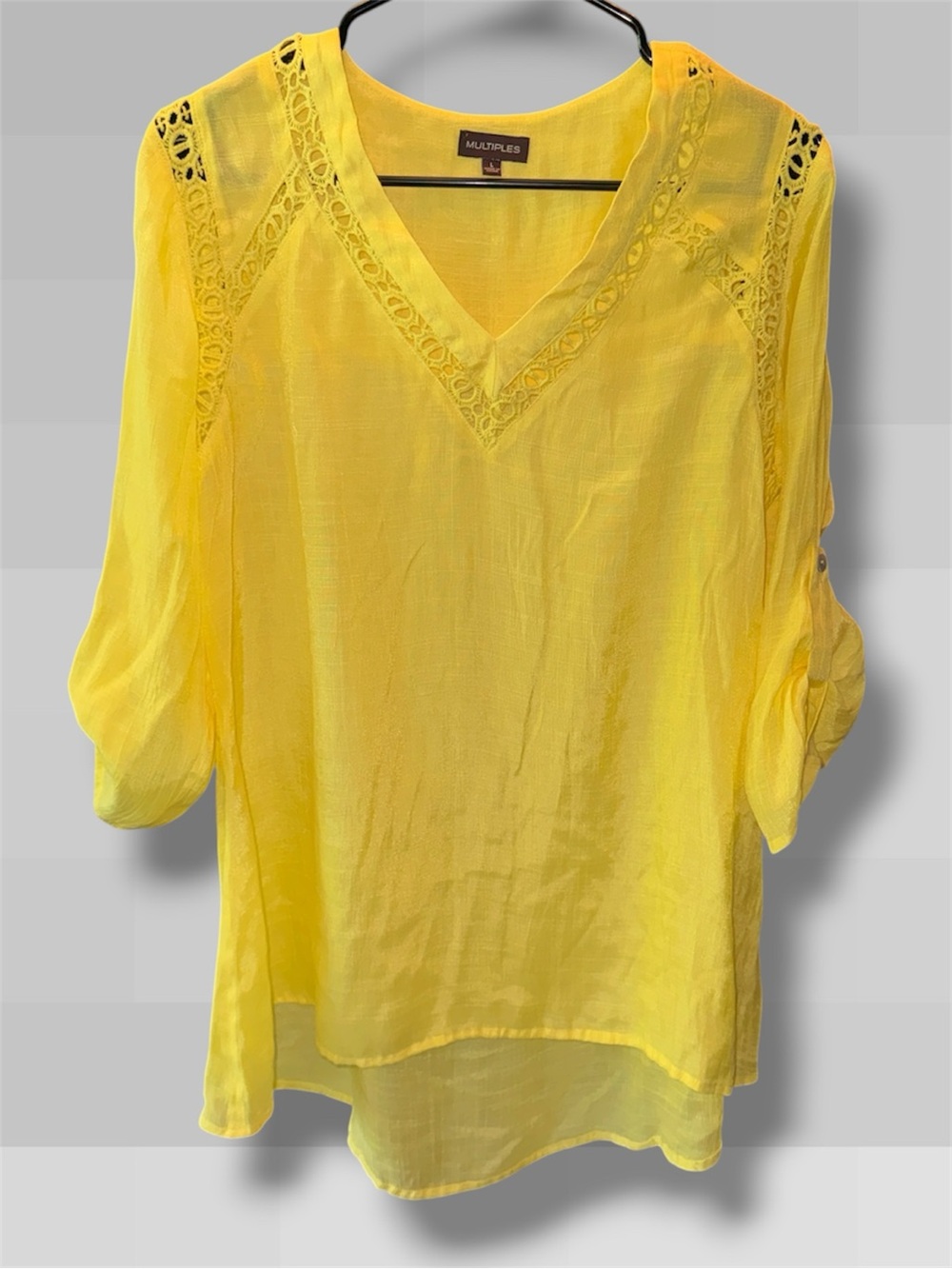 🌺Multiples Bright Yellow V-Neck Embroidery-Inset Blouse